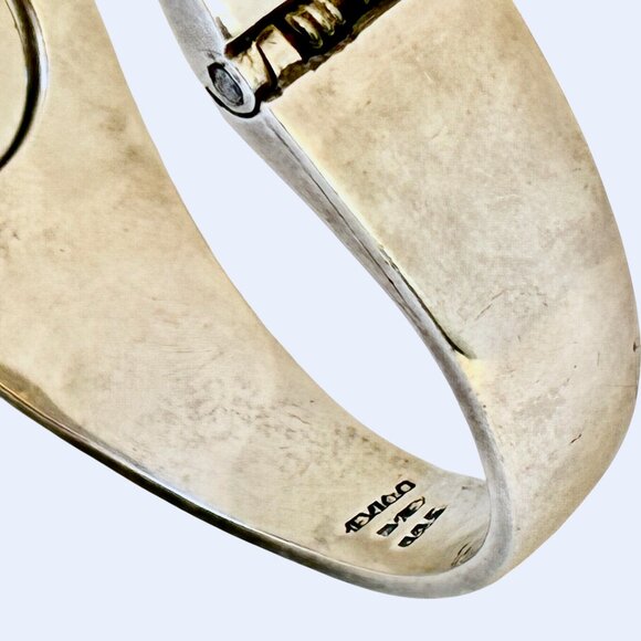 Sterling Silver 925 Bracelet Malachite + Onyx Hinged Bracelet Taxco Mexico 52 gr - Picture 6 of 16